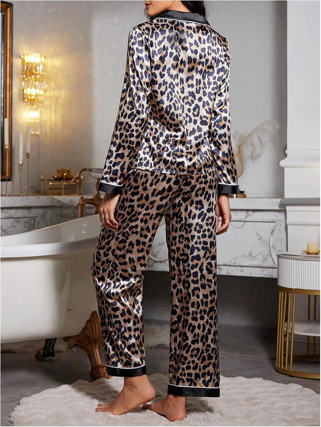 Women's 2 Piece Satin Pajama Set Leopard Print Long Sleeve Button Down Top and Pants Silk Pjs Cheetah Lounge Set