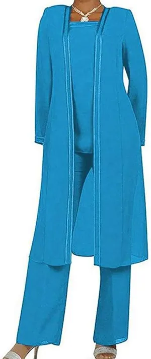 Women's Blue 3 PC Chiffon Pants Suit Outfit Plus Size Dress Suit for Mother of The Bride Evening Gowns US12