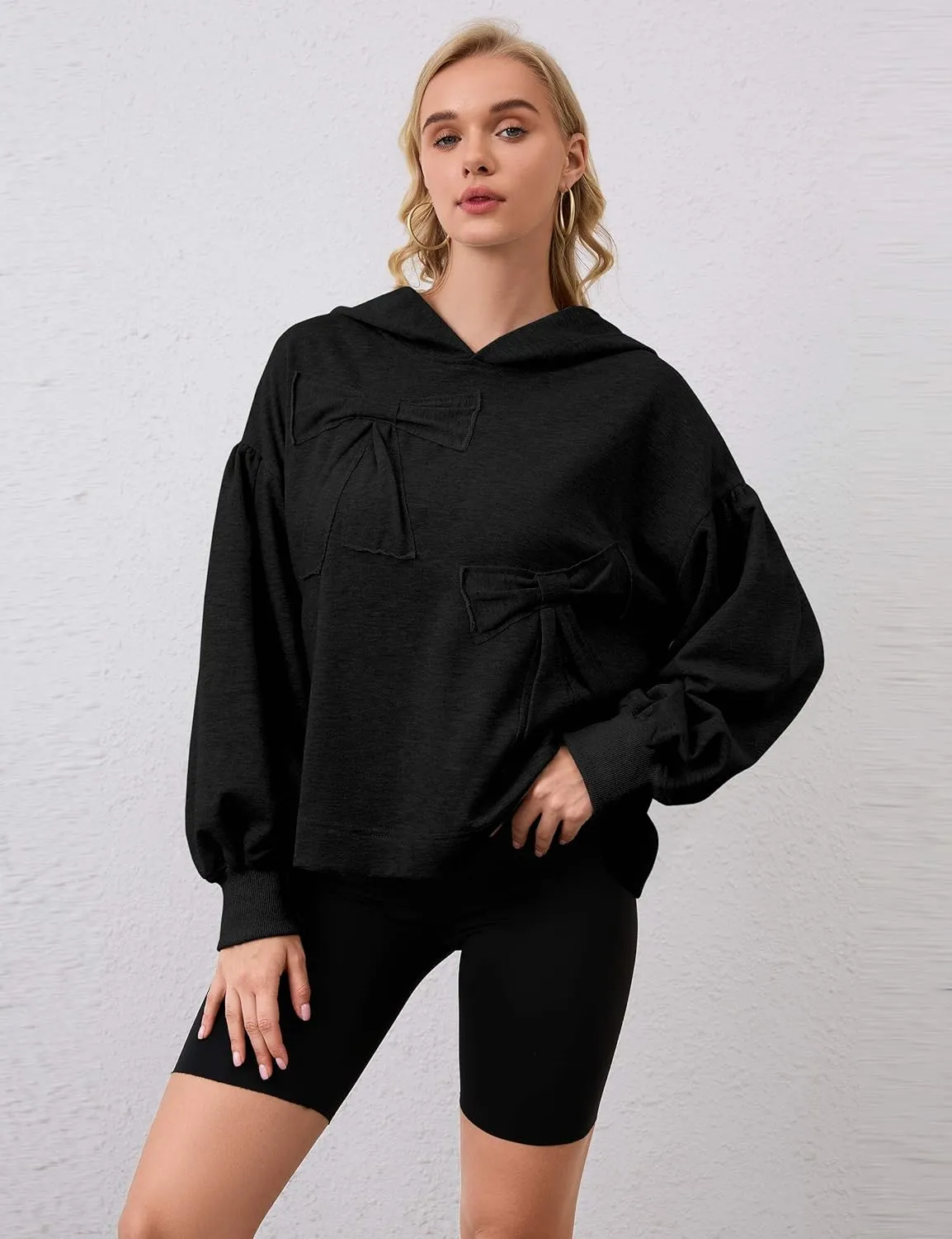 Womens Bow Front Sweatshirt Oversized Long Sleeve Drop Shoulder Bow Pullover Y2k Hoodies