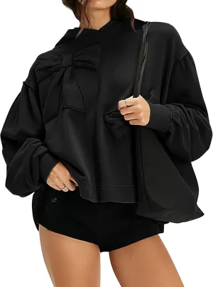 Womens Bow Front Sweatshirt Oversized Long Sleeve Drop Shoulder Bow Pullover Y2k Hoodies