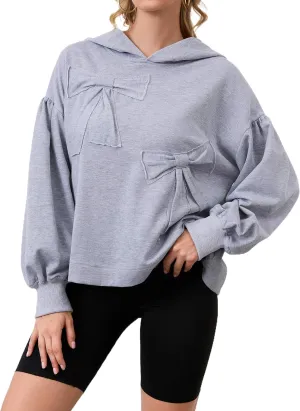 Womens Bow Front Sweatshirt Oversized Long Sleeve Drop Shoulder Bow Pullover Y2k Hoodies