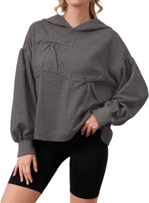 Womens Bow Front Sweatshirt Oversized Long Sleeve Drop Shoulder Bow Pullover Y2k Hoodies