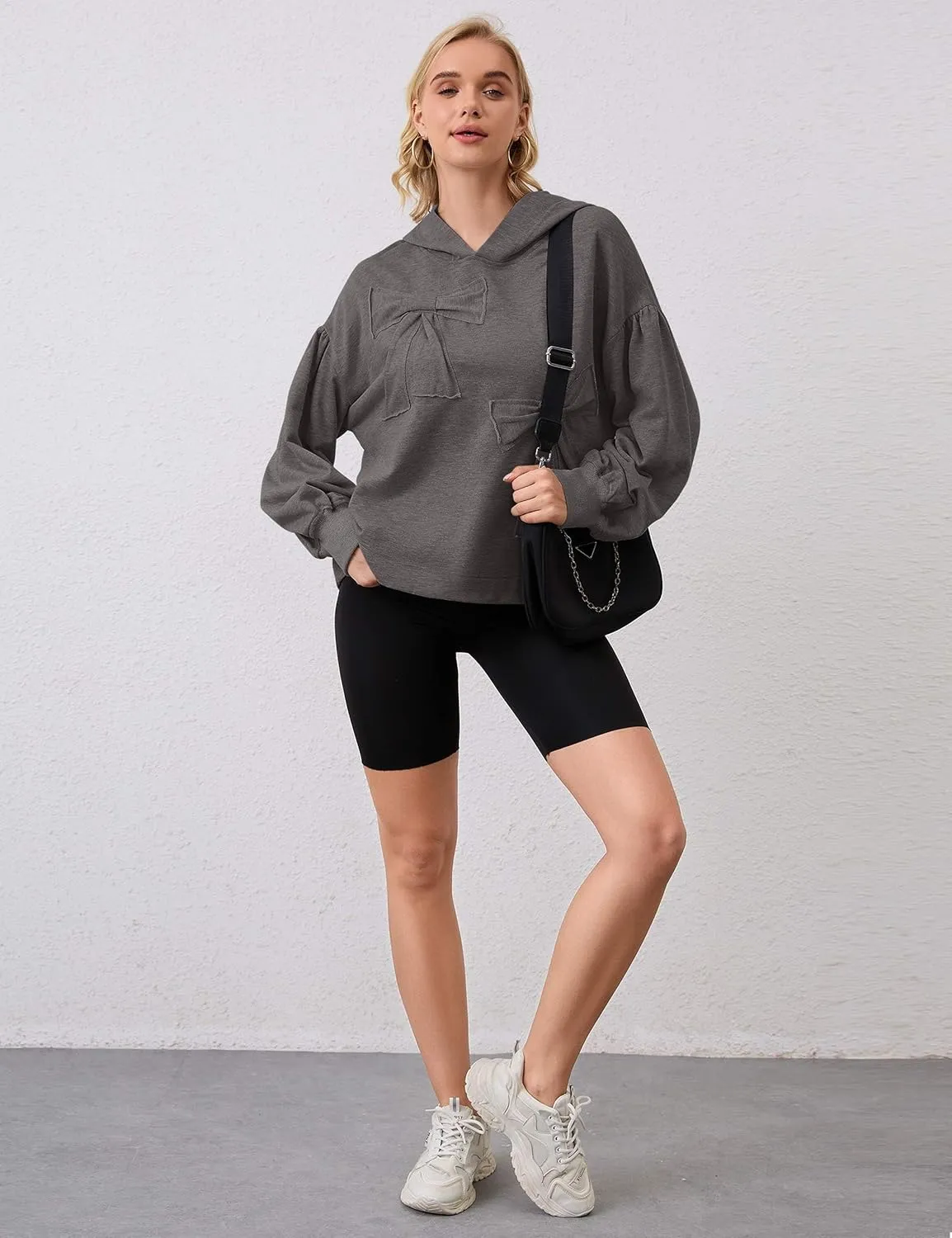 Womens Bow Front Sweatshirt Oversized Long Sleeve Drop Shoulder Bow Pullover Y2k Hoodies