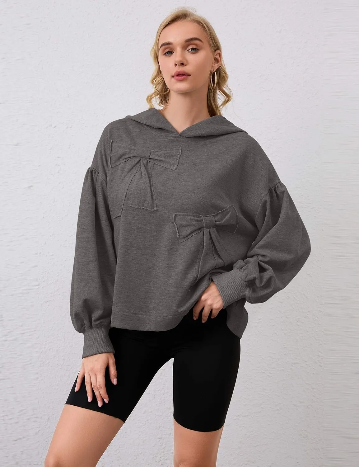 Womens Bow Front Sweatshirt Oversized Long Sleeve Drop Shoulder Bow Pullover Y2k Hoodies