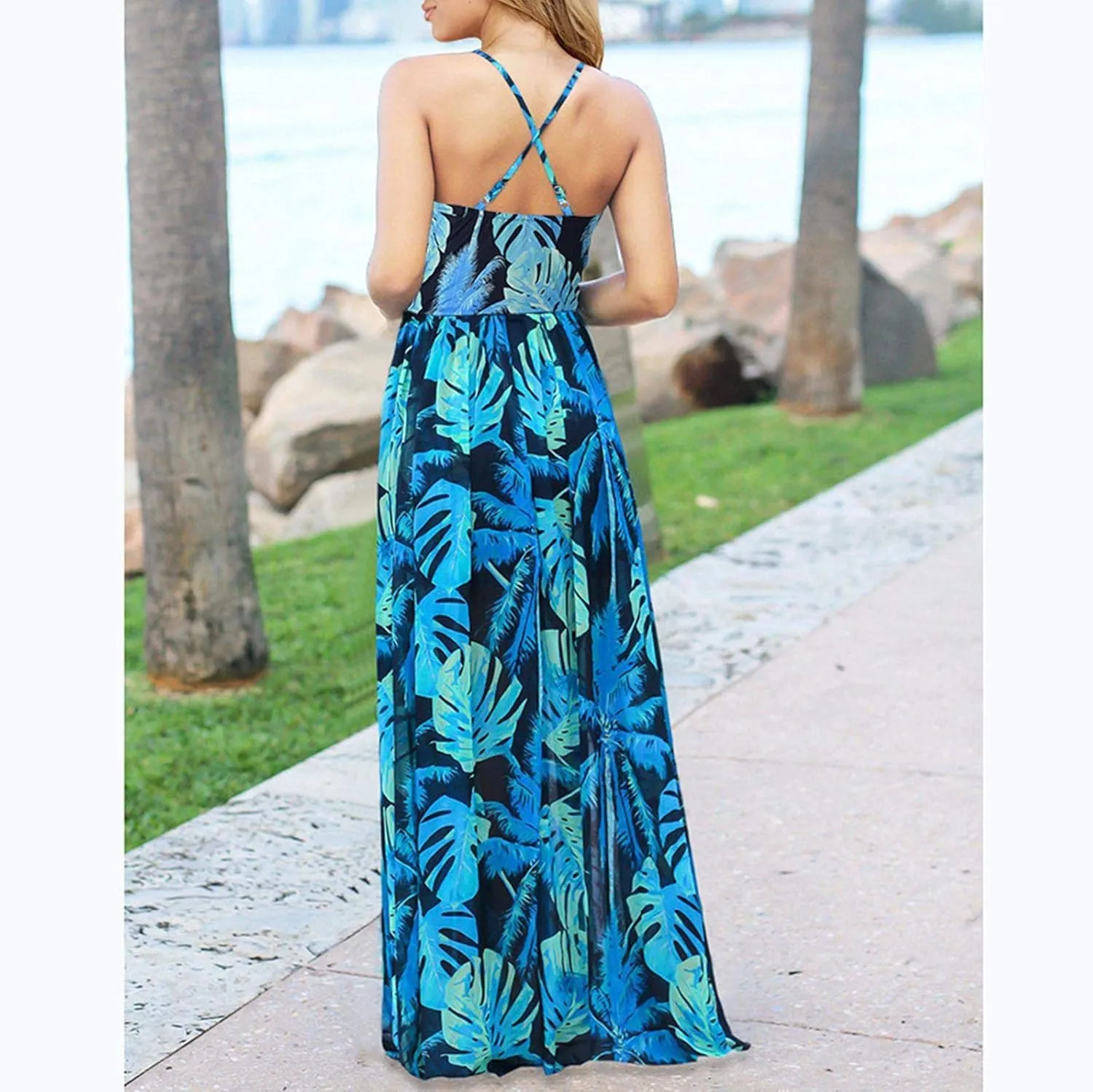 Womens Casual Deep V Neck Floral Bohemian Spaghetti Strap Beach Maxi Dress