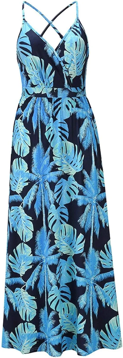 Womens Casual Deep V Neck Floral Bohemian Spaghetti Strap Beach Maxi Dress