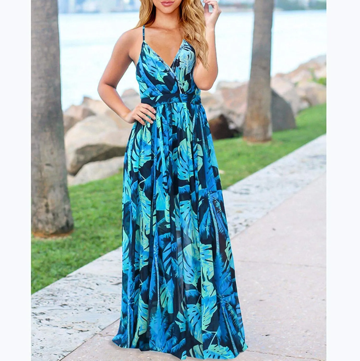 Womens Casual Deep V Neck Floral Bohemian Spaghetti Strap Beach Maxi Dress