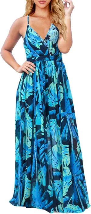 Womens Casual Deep V Neck Floral Bohemian Spaghetti Strap Beach Maxi Dress