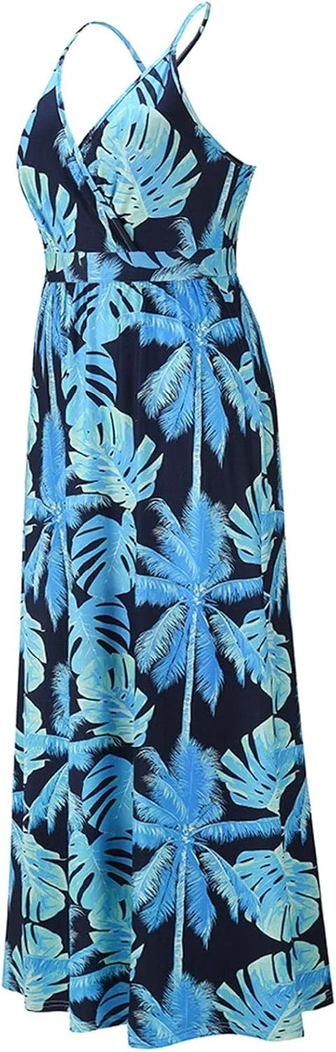 Womens Casual Deep V Neck Floral Bohemian Spaghetti Strap Beach Maxi Dress