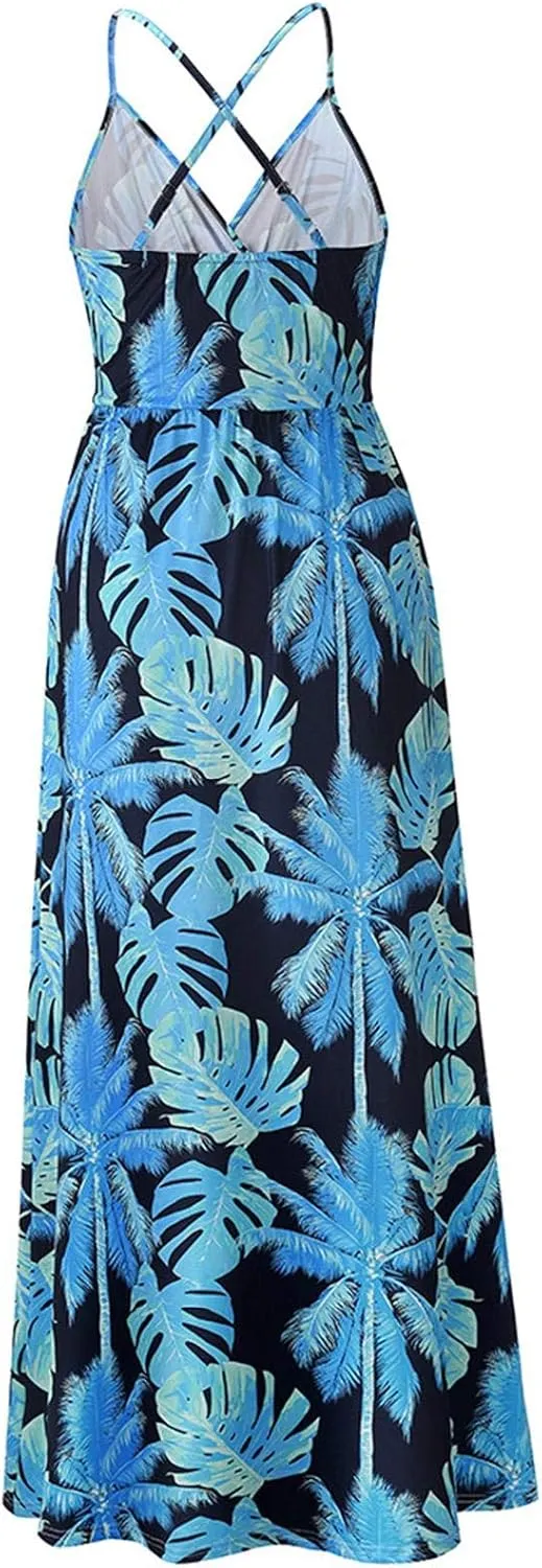 Womens Casual Deep V Neck Floral Bohemian Spaghetti Strap Beach Maxi Dress