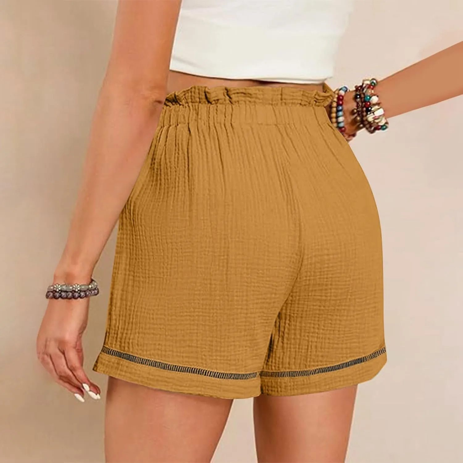 Womens Casual Shorts Cotton High Waist 2024 Solid Color Beach Cruise Shorts Comfy Loose Fit Summer Lounge Pants with Pockets
