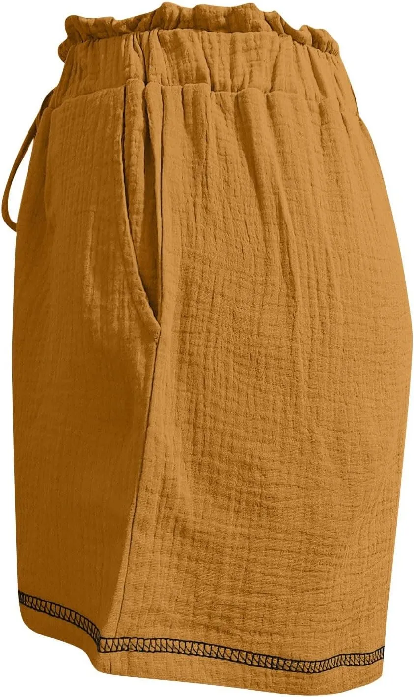 Womens Casual Shorts Cotton High Waist 2024 Solid Color Beach Cruise Shorts Comfy Loose Fit Summer Lounge Pants with Pockets