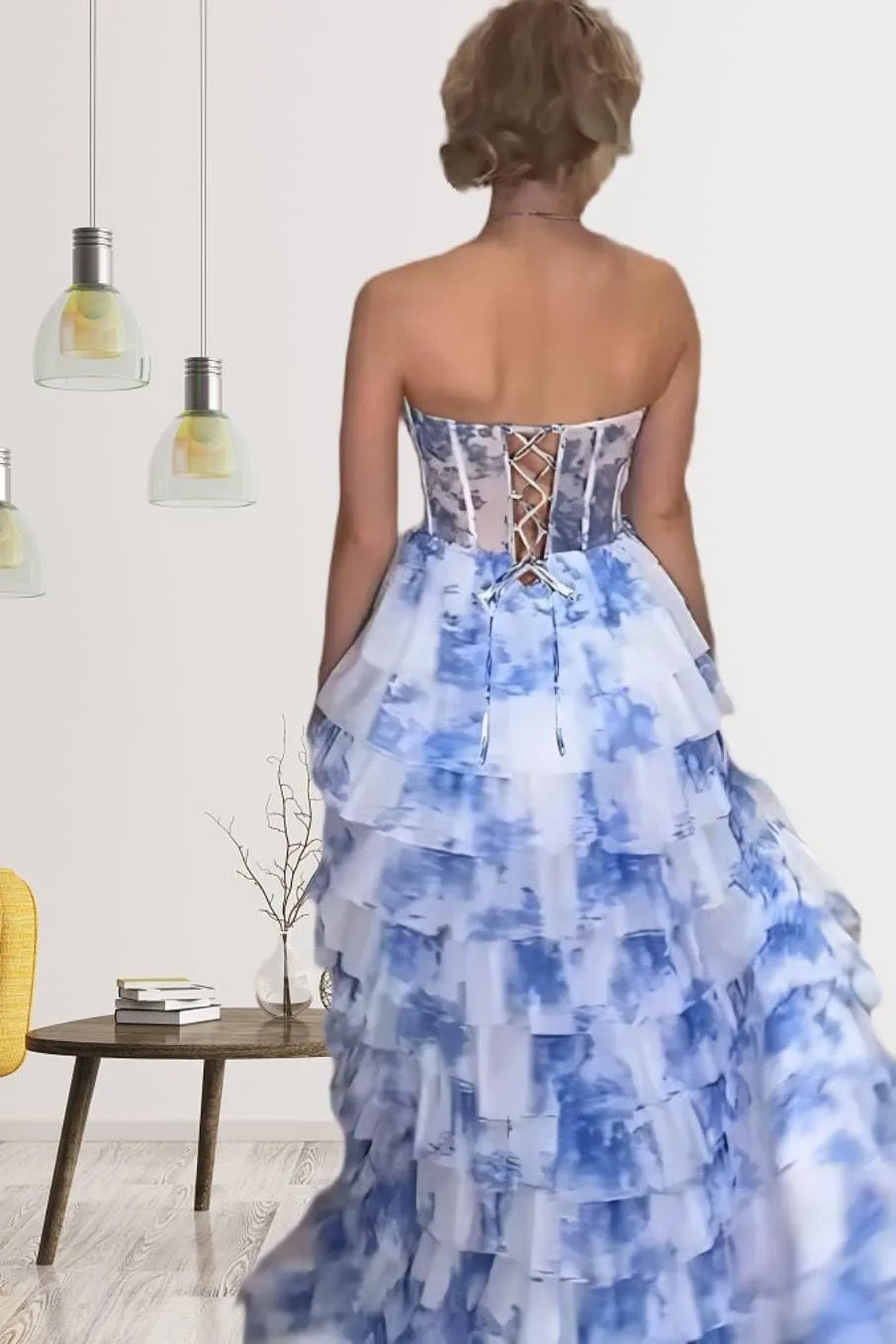 Women's Chiffon Prom Dresses Floral Print Tiered Ruffle Ball Gown Strapless Corset A line Long Evening Party Gown