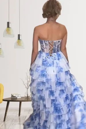 Women's Chiffon Prom Dresses Floral Print Tiered Ruffle Ball Gown Strapless Corset A line Long Evening Party Gown