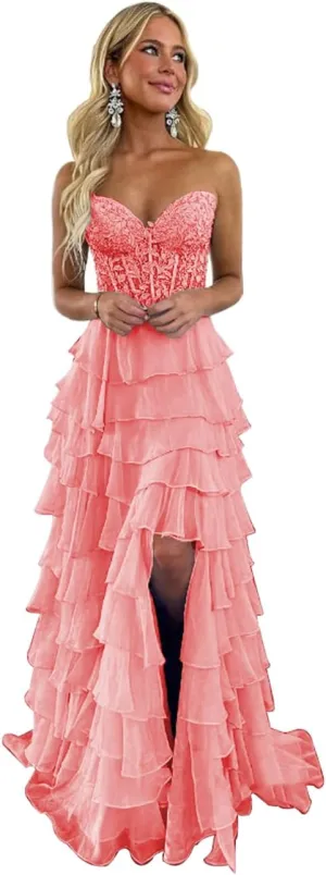 Women's Corset Strapless Ruffle Tiered Prom Dresses with Slit A Line Off The Shoulder Long Formal Gown Lace Appliques