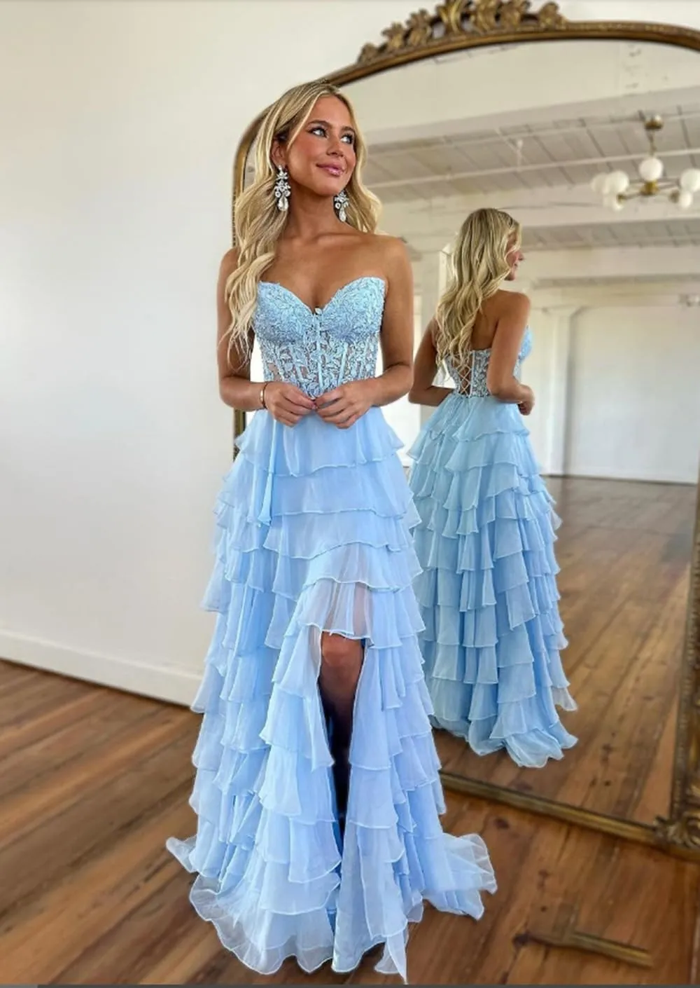 Women's Corset Strapless Ruffle Tiered Prom Dresses with Slit A Line Off The Shoulder Long Formal Gown Lace Appliques