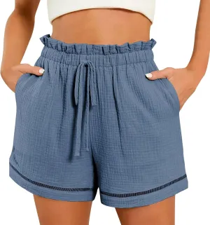 Womens Cotton Shorts Elastic High Waisted Loose Fit Casual Paper Bag Shorts with Pockets Comfy Beach Summer Short Pants 2024