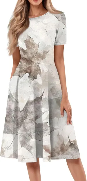 Womens Dresses 2025 Summer Crewneck Short Sleeve Cinch Waist A Line Dress Side Pockets Midi Sun Dress Vacation