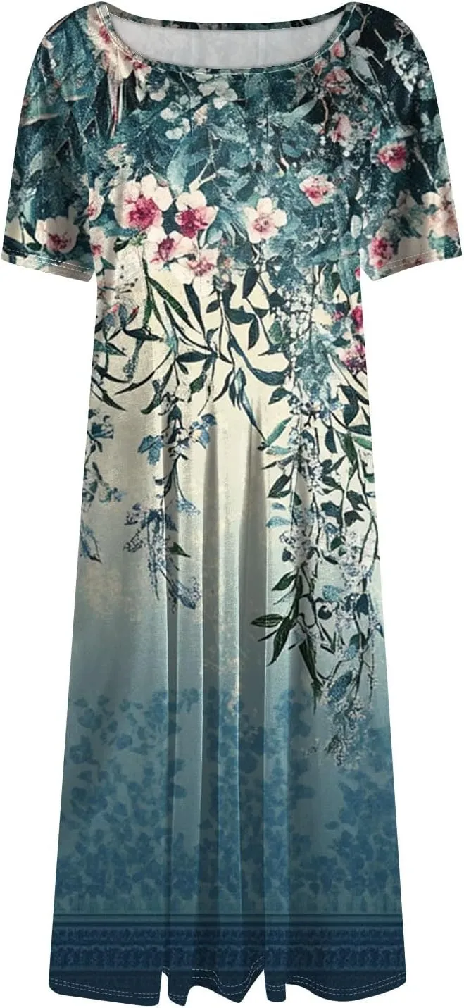 Womens Dresses 2025 Summer Crewneck Short Sleeve Midi Sun Dress Vacation Empire Waist A Line Dress Side Pockets