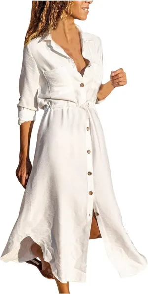 Womens Dresses Summer Casual Cotton Linen Button Down Collared V Neck Shirt Dress Loose Beach Flowy Sundress