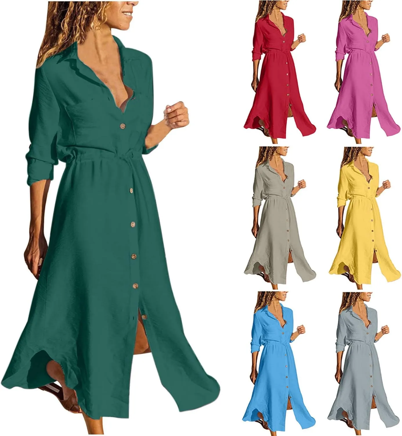 Womens Dresses Summer Casual Cotton Linen Button Down Collared V Neck Shirt Dress Loose Beach Flowy Sundress