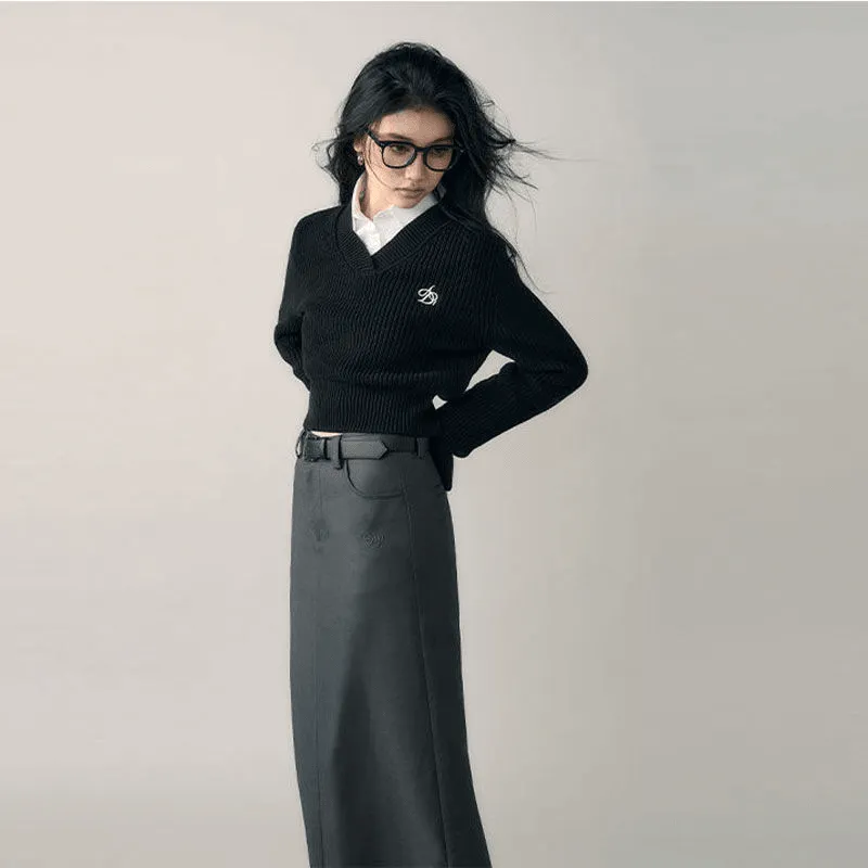 Women's Embroidered V-neck Long-sleeve Knitwear Top Bottoming Shirt Sweater