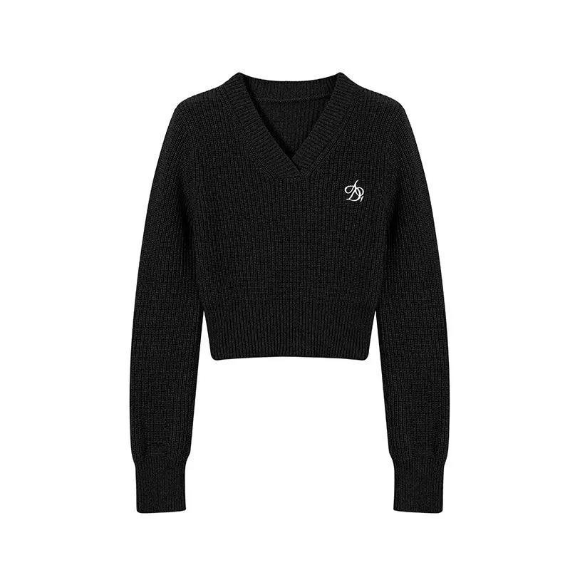 Women's Embroidered V-neck Long-sleeve Knitwear Top Bottoming Shirt Sweater