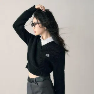 Women's Embroidered V-neck Long-sleeve Knitwear Top Bottoming Shirt Sweater