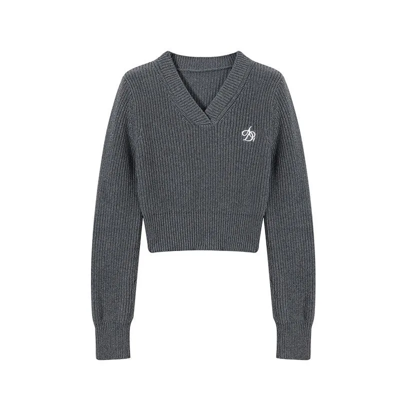 Women's Embroidered V-neck Long-sleeve Knitwear Top Bottoming Shirt Sweater