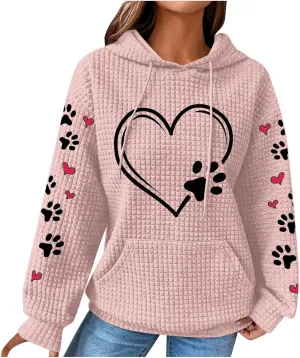 Womens Hoodie Long Sleeve Waffle Knit Drawstring Cute Pattern Heart Dogs Paw Print Graphic Hoodies with Pockets