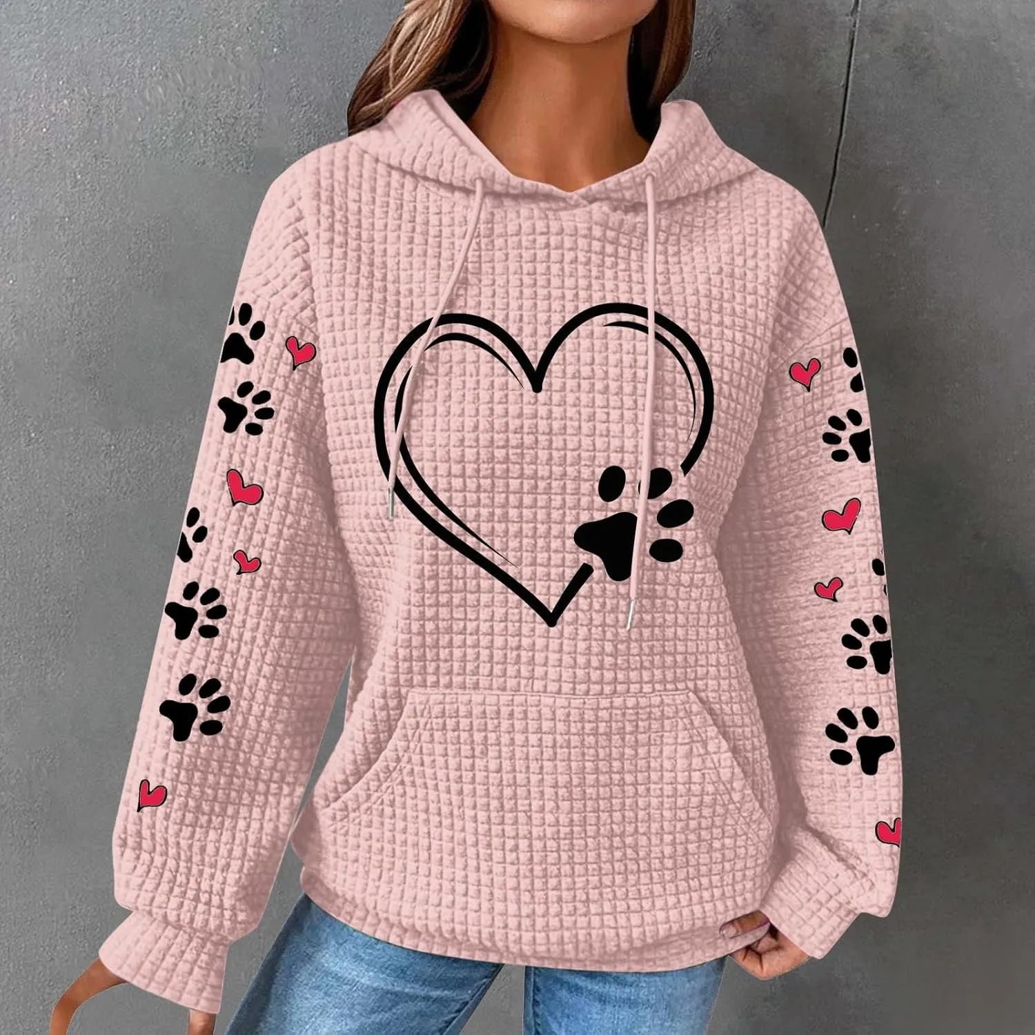 Womens Hoodie Long Sleeve Waffle Knit Drawstring Cute Pattern Heart Dogs Paw Print Graphic Hoodies with Pockets