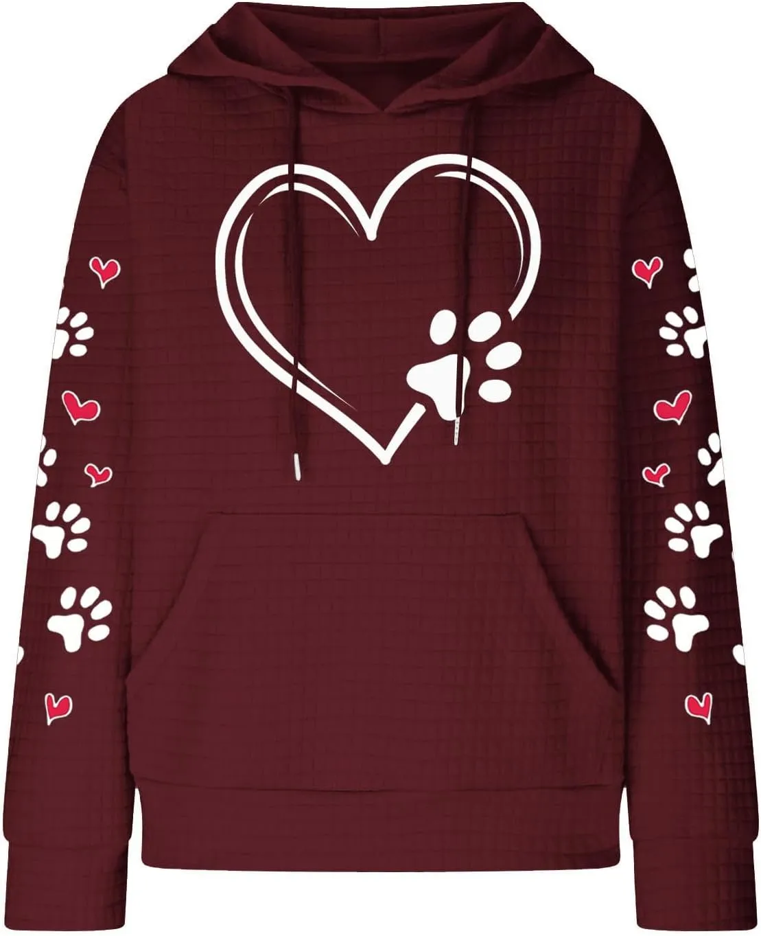 Womens Hoodie Long Sleeve Waffle Knit Drawstring Cute Pattern Heart Dogs Paw Print Graphic Hoodies with Pockets