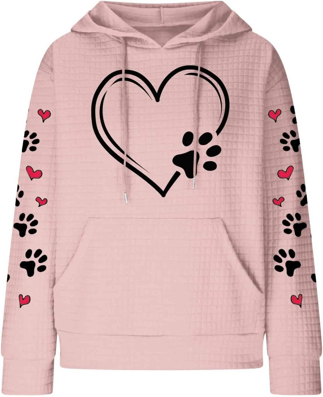 Womens Hoodie Long Sleeve Waffle Knit Drawstring Cute Pattern Heart Dogs Paw Print Graphic Hoodies with Pockets