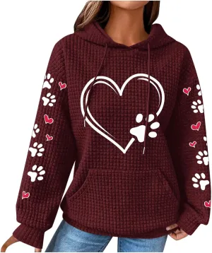 Womens Hoodie Long Sleeve Waffle Knit Drawstring Cute Pattern Heart Dogs Paw Print Graphic Hoodies with Pockets