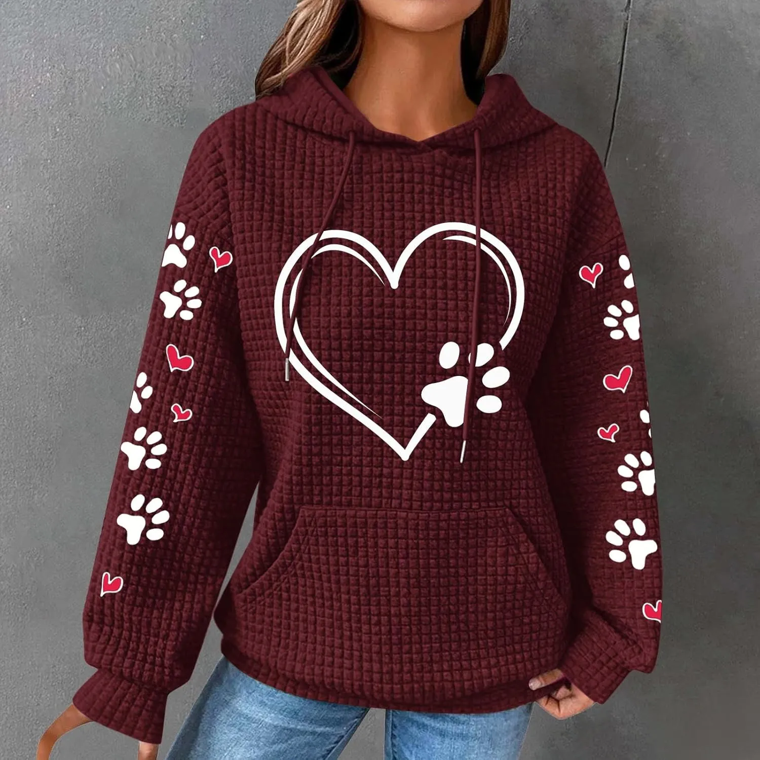 Womens Hoodie Long Sleeve Waffle Knit Drawstring Cute Pattern Heart Dogs Paw Print Graphic Hoodies with Pockets