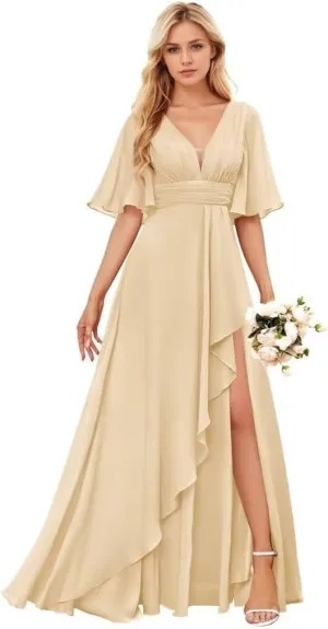 Women's Long Formal Bridesmaid Dress for Wedding Short Sleeve V Neck Evening Party Gowns with Slit
