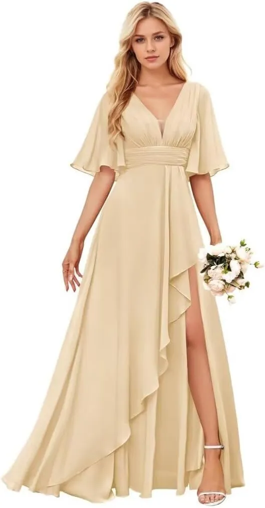 Women's Long Formal Bridesmaid Dress for Wedding Short Sleeve V Neck Evening Party Gowns with Slit