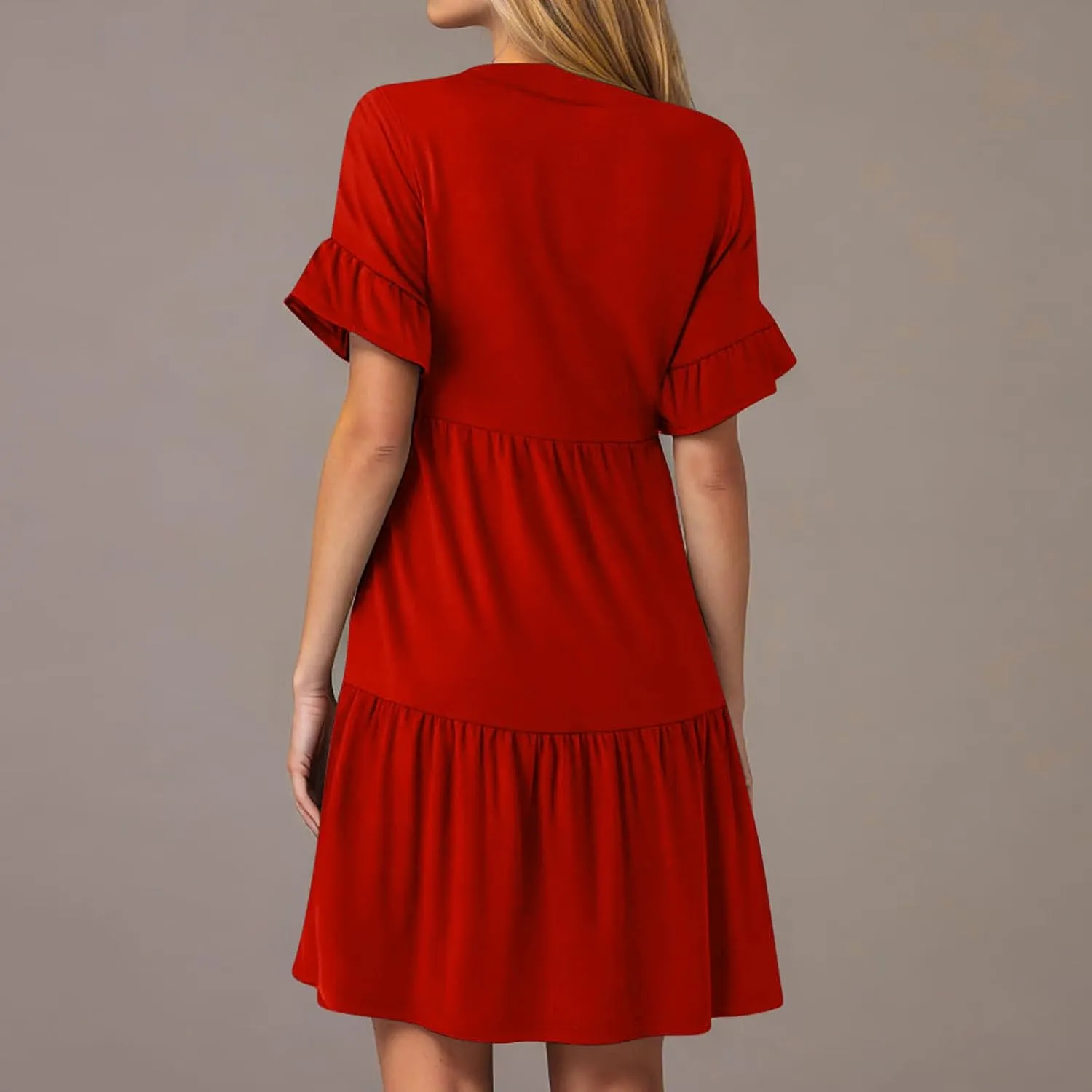 Womens Mini Ruffle Tiered Dress Short Sleeve V Neck Summer Dress Flowy A Line Sundress Beach Cover Ups with Pockets