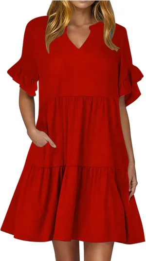 Womens Mini Ruffle Tiered Dress Short Sleeve V Neck Summer Dress Flowy A Line Sundress Beach Cover Ups with Pockets