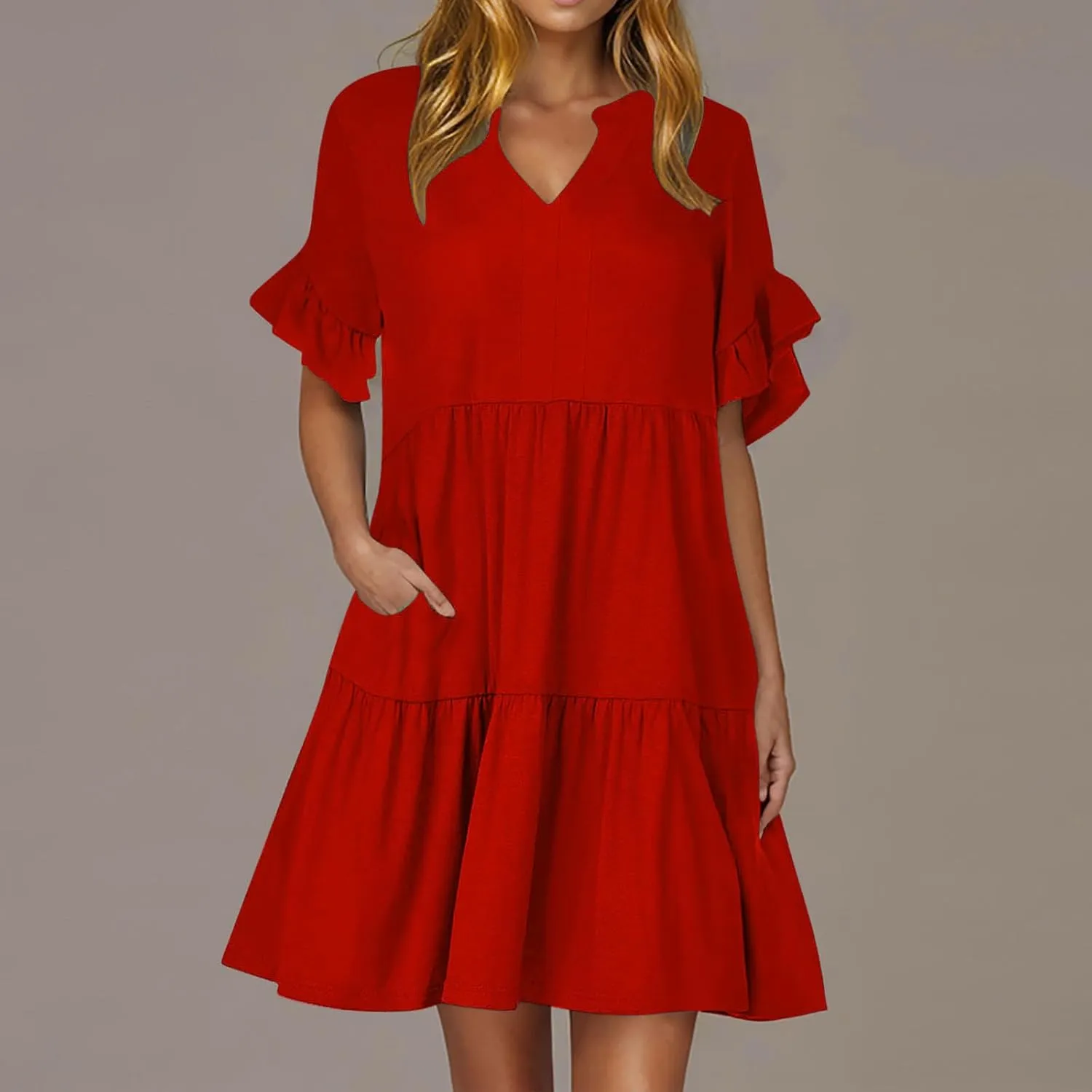 Womens Mini Ruffle Tiered Dress Short Sleeve V Neck Summer Dress Flowy A Line Sundress Beach Cover Ups with Pockets