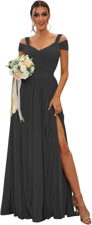 Women's Off The Shoulder Bridesmaid Dresses Long with Slit 2025 Pleated Chiffon Formal Party Dresses BF47