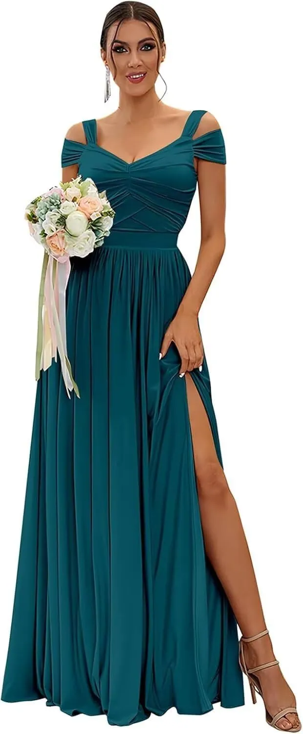 Women's Off The Shoulder Bridesmaid Dresses Long with Slit 2025 Pleated Chiffon Formal Party Dresses BF47