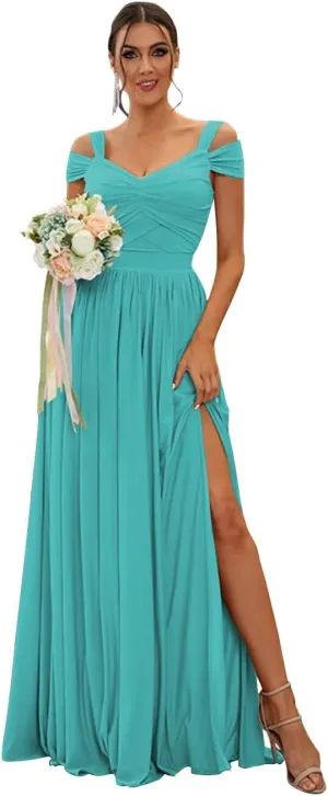 Women's Off The Shoulder Bridesmaid Dresses Long with Slit 2025 Pleated Chiffon Formal Party Dresses BF47