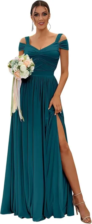 Women's Off The Shoulder Bridesmaid Dresses Long with Slit 2025 Pleated Chiffon Formal Party Dresses BF47