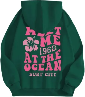 Womens Oversized Hoodies Cute Letter Print Sweatshirt Preppy Casual Floral Graphic Hoodies Winter Pullover (Green-3, M)