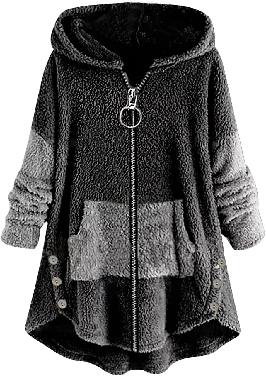 Women's Oversized Zip Up Sherpa Hoodie Fuzzy Fleece Jacket Cat Kitty Print Lightweight Faux Shearling A Line Teddy Coat