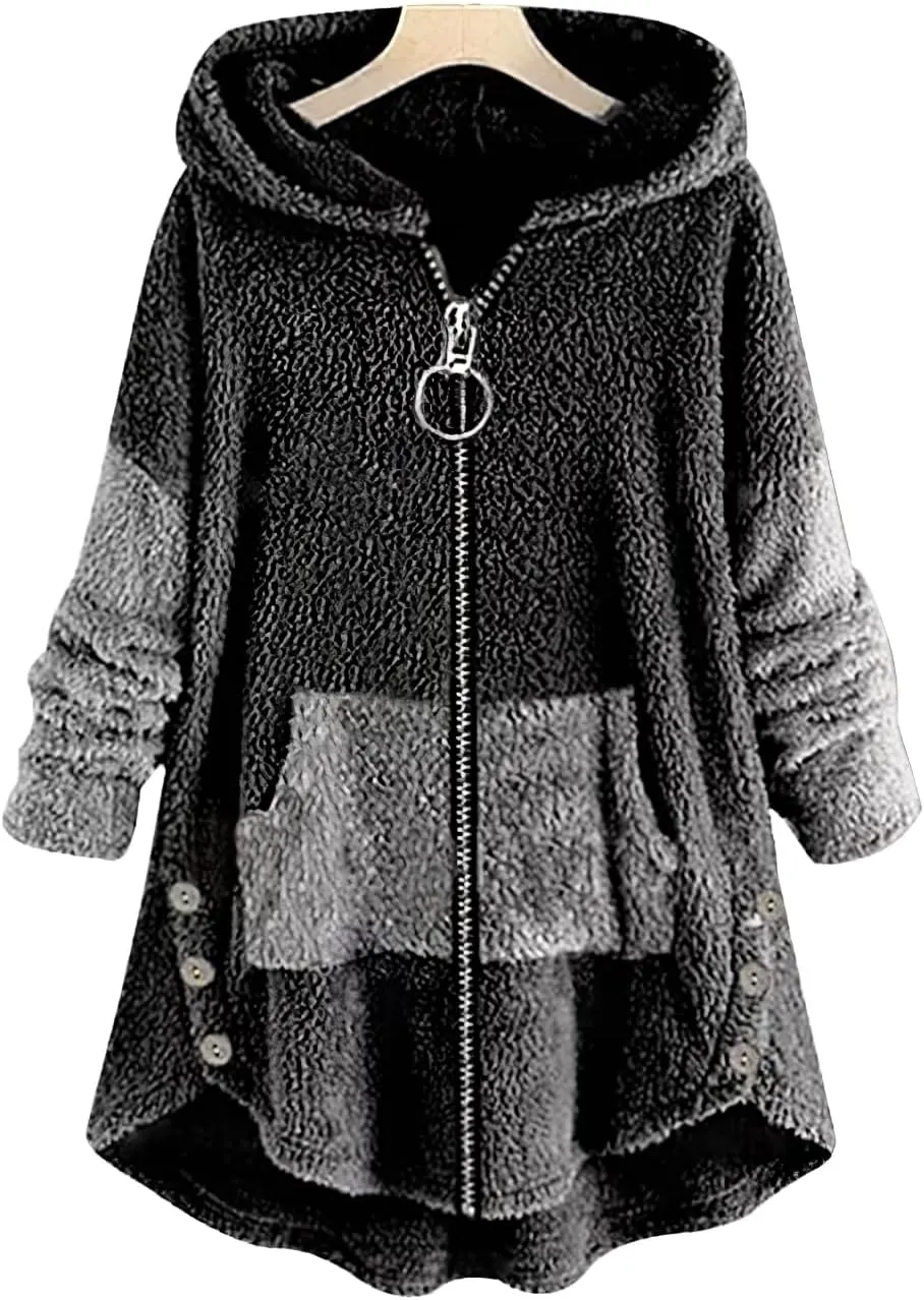 Women's Oversized Zip Up Sherpa Hoodie Fuzzy Fleece Jacket Cat Kitty Print Lightweight Faux Shearling A Line Teddy Coat