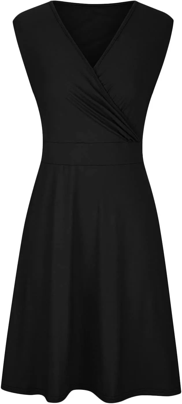 Womens Plus Size Casual Summer Dresses Sleeveless V Neck Midi Dress A Line Sundress Vacation Outfits with Pockets