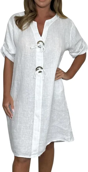Womens Plus Size Linen Midi Dresses Trendy Summer Fall Long Sleeve Casual Button Elegant Formal Knee Length Dress
