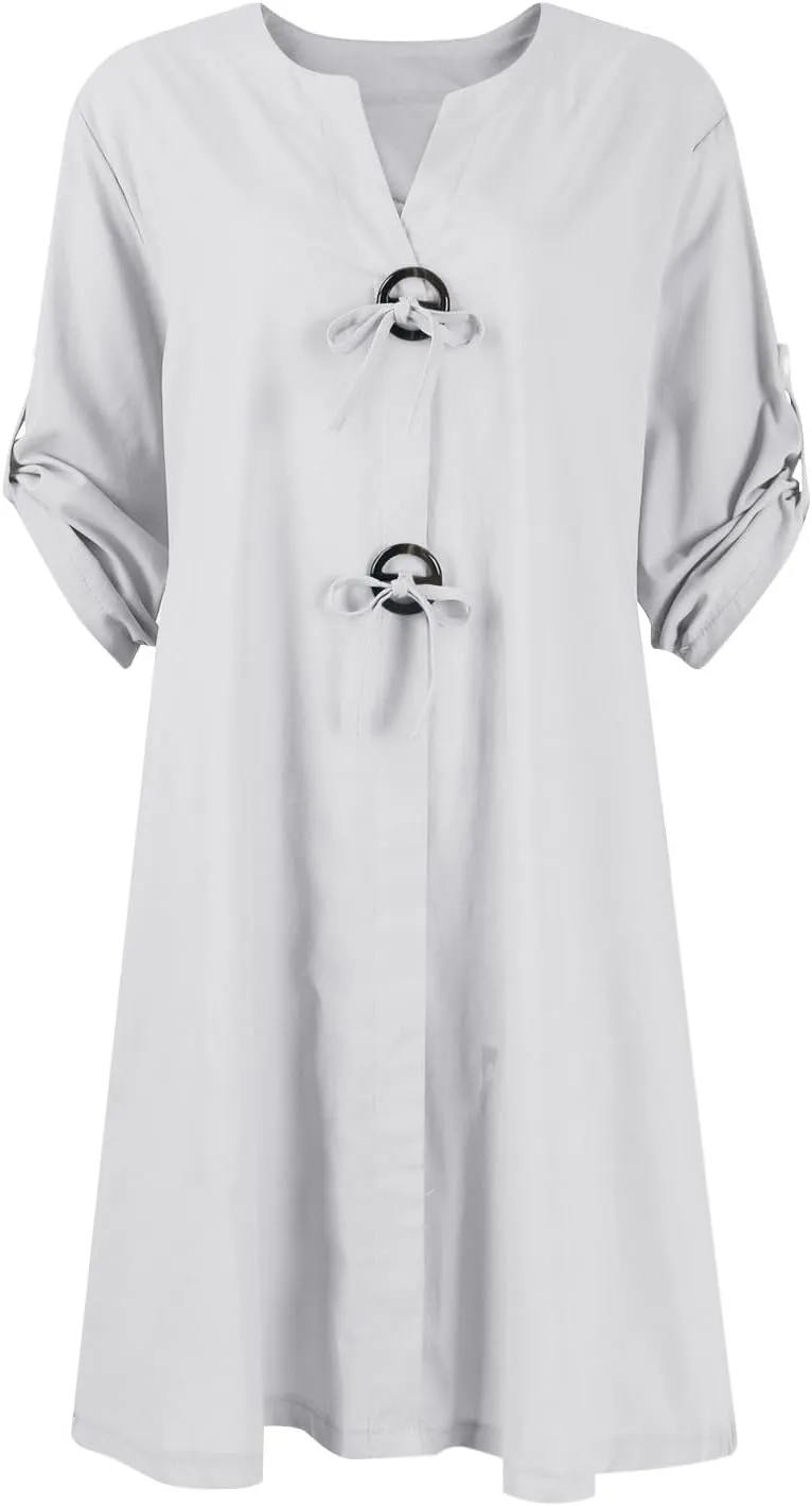 Womens Plus Size Linen Midi Dresses Trendy Summer Fall Long Sleeve Casual Button Elegant Formal Knee Length Dress